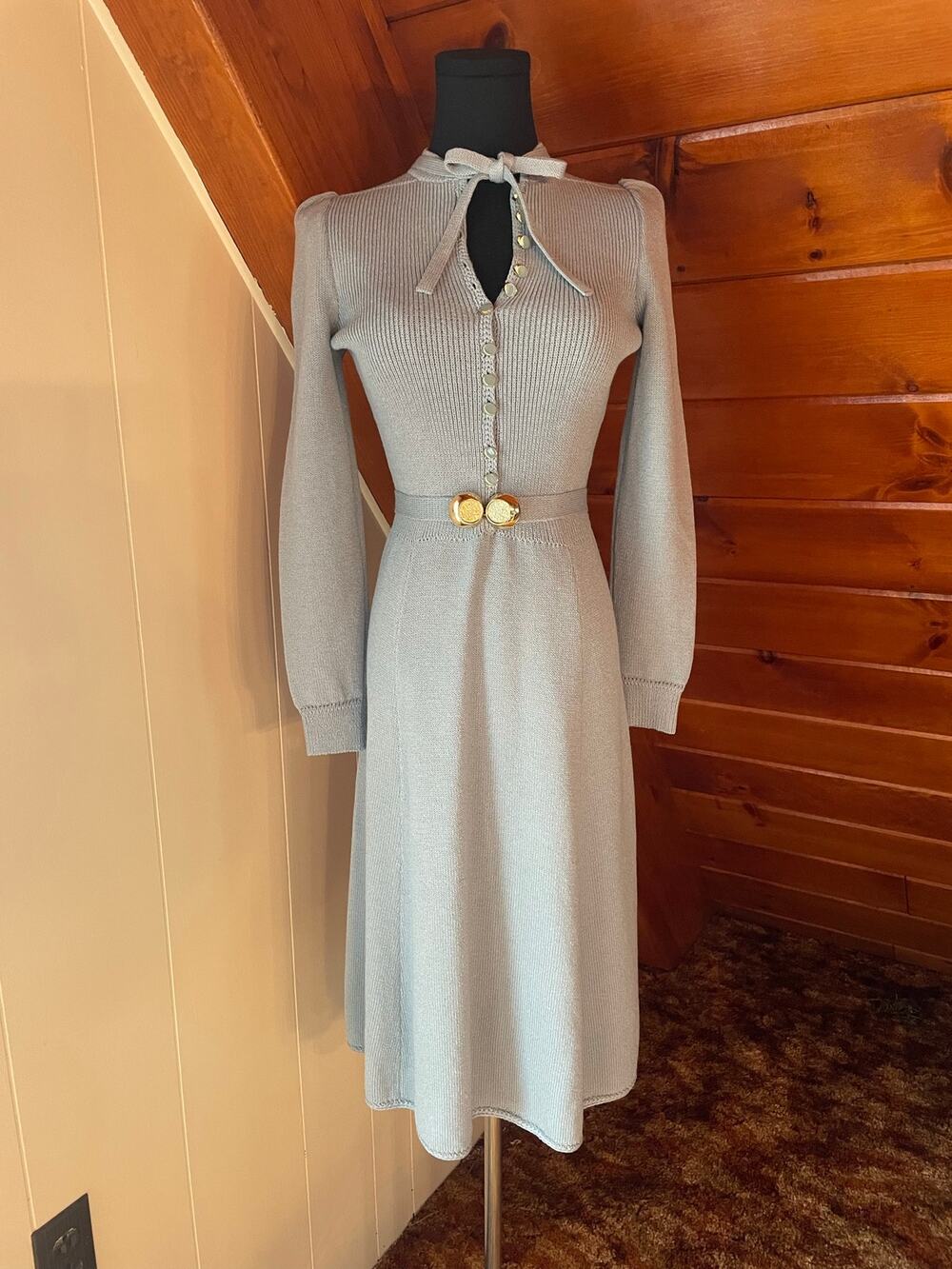Rare Vintage 70s Light Blue St Johns by Marie Gray Knit Midi Sweater Dress sz XS